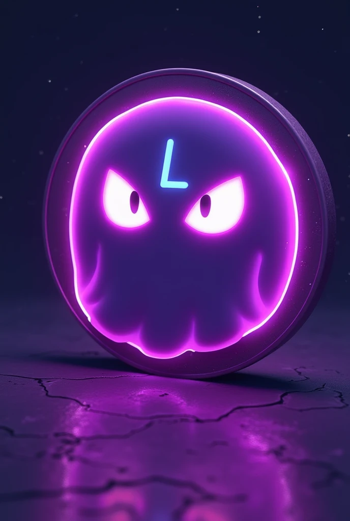 I want you to create me a coin with a neon purple ghost character for a Memecoin, I want it to be round like Pokemon Gengar but with an l on the forehead