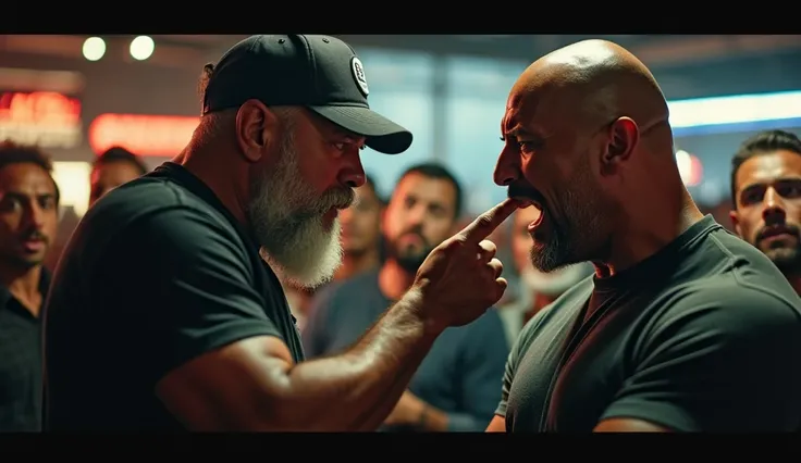 A hyper-realistic 8K portrait capturing a tense confrontation: an enraged white-bearded car dealership employee aggressively pointing his finger at Dwayne "The Rock" Johnson's face. Onlookers gather with shocked expressions. Dramatic lighting emphasizes th...