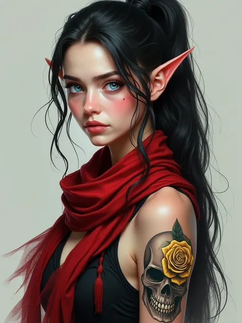 mid bust portrait of an elven girl with black hair in a ponytail, red scarf, pointed ears, blue eyes, tattoo of a skull with golden rose growing out of right eyesocket on right arm