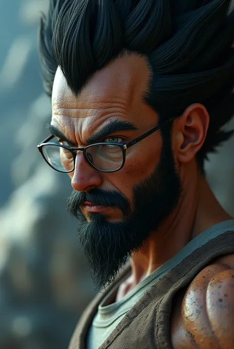 generate a hyperrealistic image of what Prince Sayayin Vegeta would look like, a mature man with a beard and photochrome glasses from the cartoon Dragon Ball