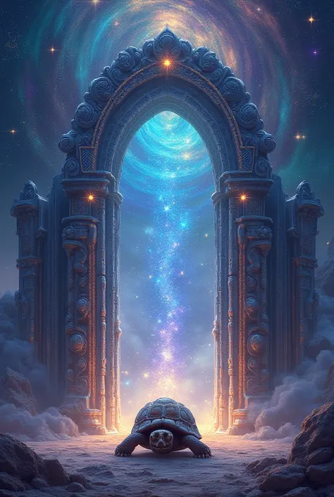 A majestic gate made of stars and light, with the wise Star Keeper tortoise standing guard. The background is a swirling galaxy.