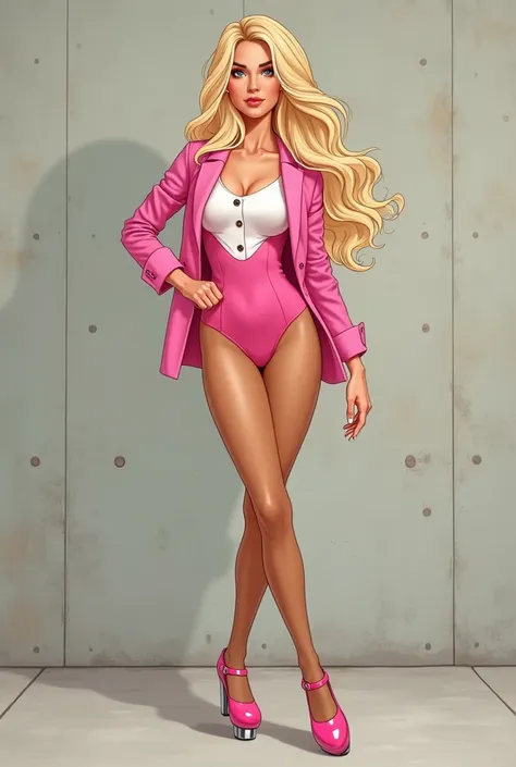 The illustration is a high definition illustration with 4k resolution, with highly detailed facial features and cartoon style visuals, beautiful woman, concrete wall background, pink leotard, white button shirt under her pink jacket, pink Mary Jane tap sho...