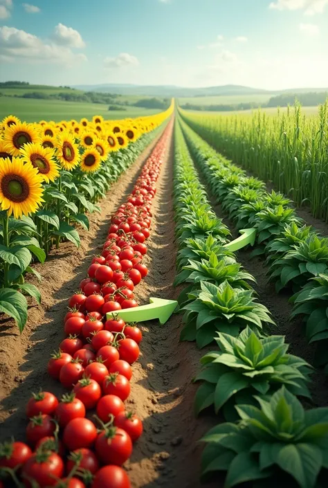 Crop rotation in s with arrows showing the change from one crop to another as the year changes with sunflower tomatoes and maize