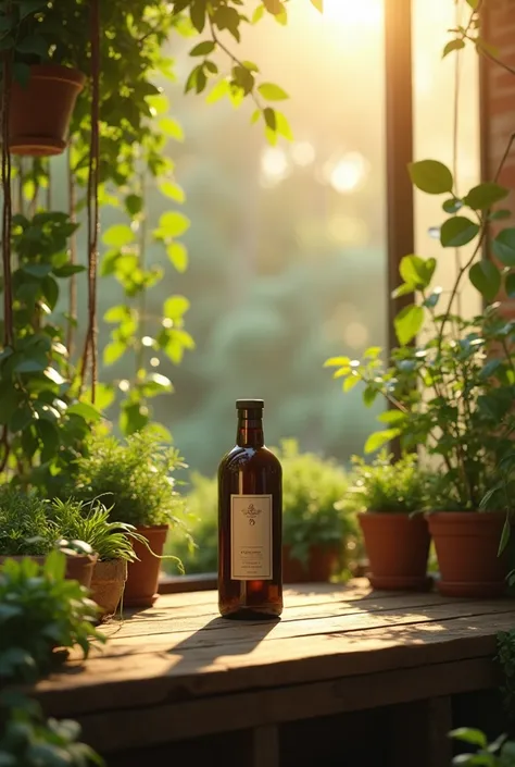 Create an image of a coffee bottle above a table on a beautiful day surrounded by plants 