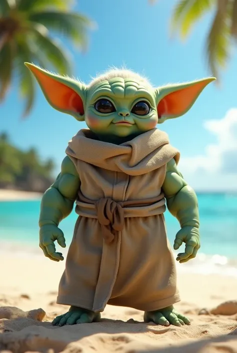 Muscular Baby Yoda on the beach ultra realistic 4k