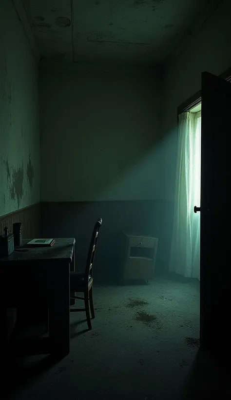  Night scene inside an old and worn hotel room The environment conveys an oppressive feeling, with old furniture and a heavy silence in the air .  A faint haze or abnormal darkness seems to emanate from the crack of the door ,  giving the impression that t...