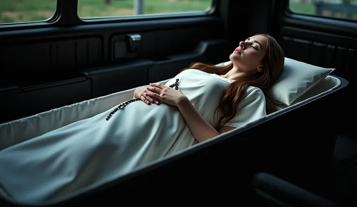  dead  young nun lying in satin coffin barefoot hands folded on chest holding rosary in back of hearse 
eyes closed mouth close photorealistic high detail full side view Long Hair, 