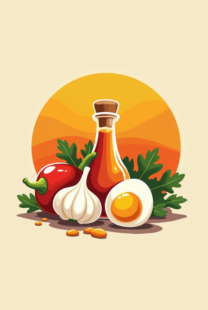 A logo for sauce that includes garlic, egg,  red paprika , oil, Cilantro and in the background a sunset 