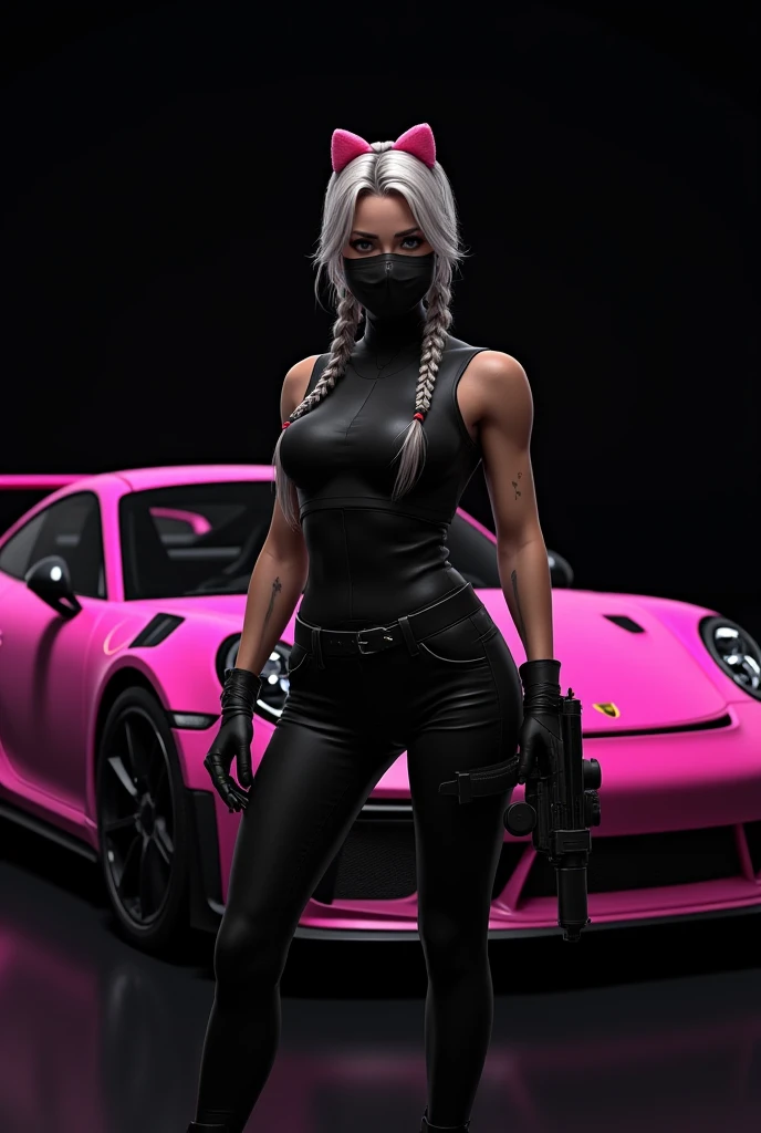 ``` create a female character , Game Free Fire style ,  dressed in black clothes and mask, Hair with 
two braids ,  a kitten headband in the hair , holding a firearm,  in front of a bright pink .  The car appears to be a Porsche 911 model or similar ,  wit...