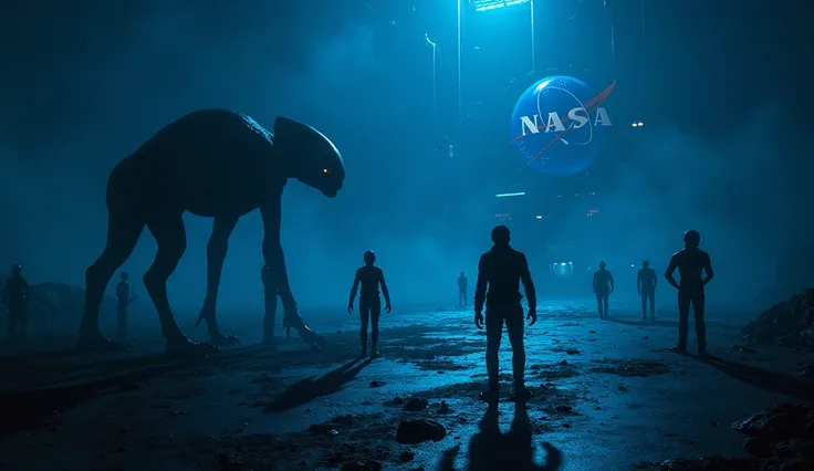 /imagine prompt:A highly detailed and dark-themed depiction of an alien concentration base at NASA, set against a deep blue background. The scene is mysterious and intense, with a futuristic, high-tech aesthetic. The base is illuminated by eerie, glowing l...