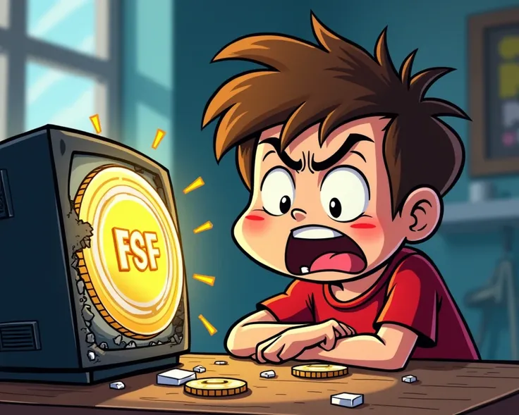 create a meme coin themed website banner, Meme coin is called "Frustrated Sports Fan", put "FSF" on coin a gold coin on the left side of banner, Have a cartoon sports fan breaking a tv.