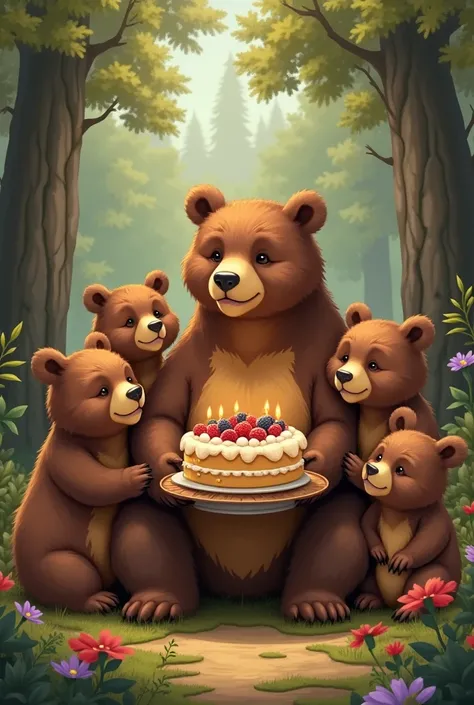 Brown bear granny celebrating bear family with cake