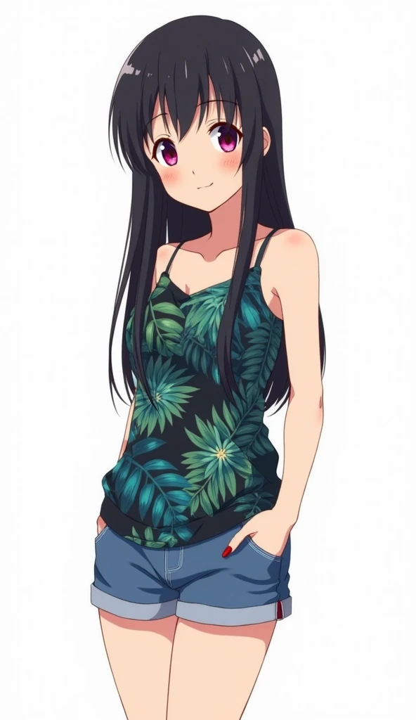 Japanese anime adolescent woman with long straight black hair and intense magenta eyes and red nails and wears a top with thin straps with a tropical print of leaves and flowers in shades of green and blue on a dark background and with blue denim shorts an...