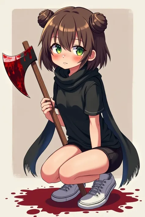 cool anime style , Girl with short brown shoulder-length hair with hair buckles on her bangs, Bloody axe stuck in the head,  blushing,  green eyes, black top with giant black scarf,  black shorts and white sneakers 