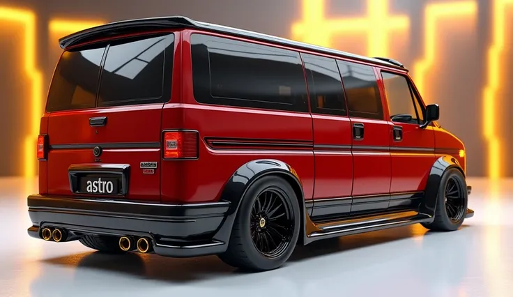 create an ultra-detailed 3D render straight side view , of a model 2025 chevrolet Astro van with a bold design captured from straight side view. The car should feature a 'Gleamy  red' color with a 'chevrolet ' logo on its side a large white detailed grille...