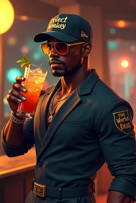 A STRONG JUMPSUIT WITH A CAP THAT SAYS PROJECT MONKEY DRINKING AN ICED COCKTAIL 