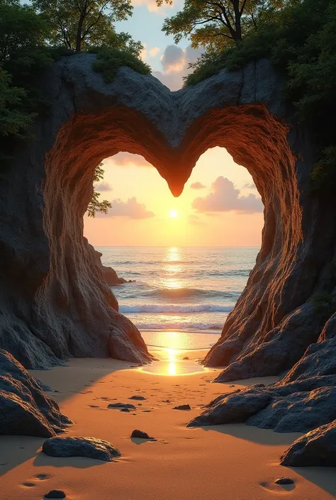 When you pass through the forest, you can see the sandy beach and ocean right in front of you、There is a large rock gate on the border between the sandy beach and the sea、It has the shape of a heart、The rock surface is lumpy、The light of the sun at sunset ...