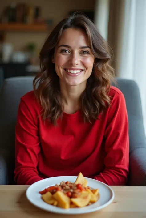 smiling woman in red shirt sitting in chair with a plate of food, a picture inspired by Verónica Ruiz de Velasco, reddit, tachisme, headshot profile picture, selfie of a young woman, 3 0 years old woman, 30 years old woman, smiling and looking directly, ha...