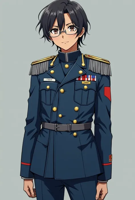 The 14-year-old male anime model wears wavy semi-long hair, of average height with an obese body and lenses ,  light brown skin and a blue military uniform with gray and reddish details 