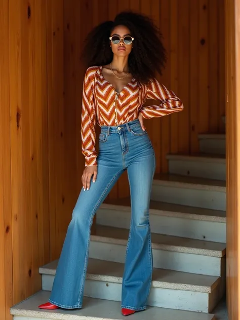 Stunning fashion portrait of a model in a retro-chic setting. She stands confidently on an angular staircase, posing with one leg forward, showcasing high-waisted, flared denim jeans that accentuate her figure. The jeans feature a stylish zip detail along ...