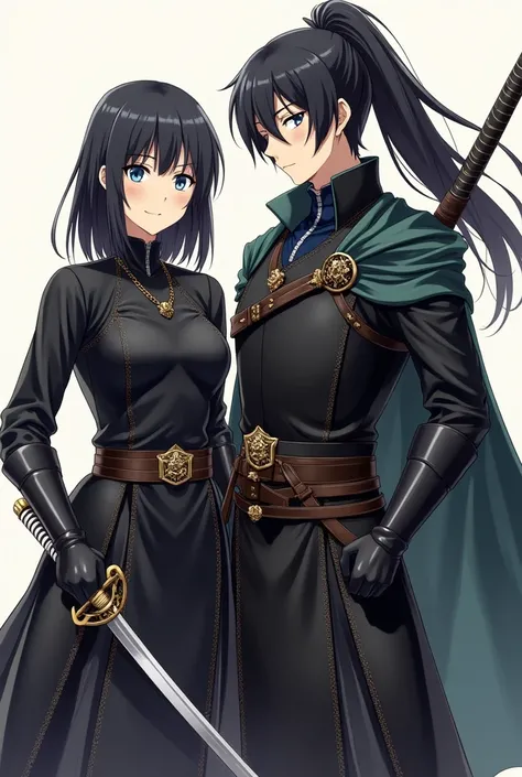 An adult female with shoulder length black hair and bright blue eyes wearing a leather knight uniform with a rapier sword standing with an adult male with long black hair in a ponytail with black eyes wearing a similar leather knight uniform holding a kata...