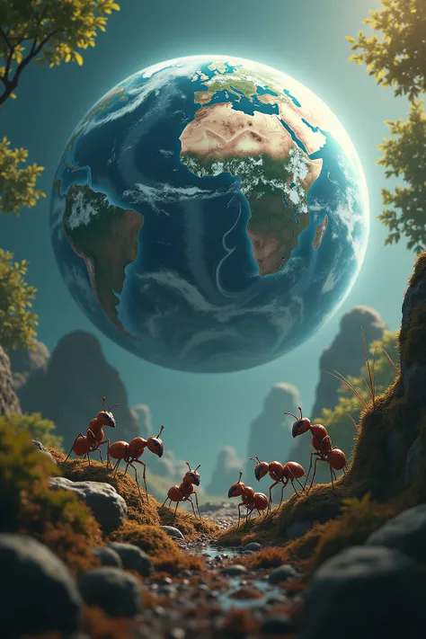 Planet Earth being observed by ants, Hyperrealism,  high definition 