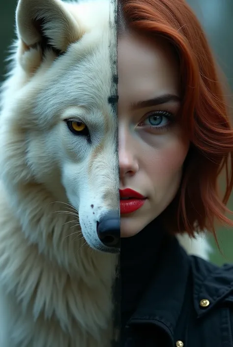 Crée moi un visage avec la moitié du visage loup blanc  moitié femme avec une coupe au carré rousse avec les lèvres rouge et un grain de beauté au dessus de la lèvre dans un univers spirituel