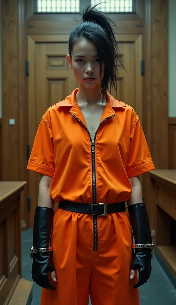 A French punk girl with ponytail haircut firmly handcuffed  in trial court. She's wearing a zipped orange prisoner jumpsuit, long black latex gloves and black rubber boots. fullbody veiw