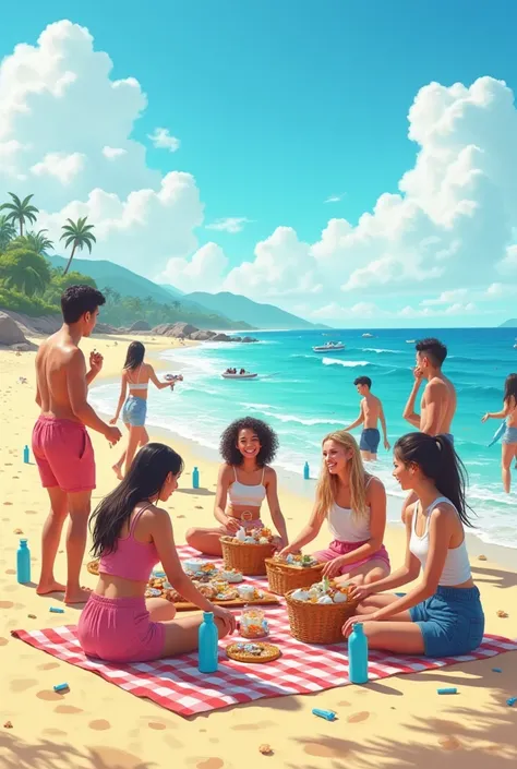 Groupe de jeune au bord de la plage en Picnique avec des couleurs différentes 