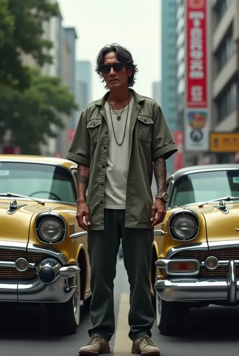 A young Indonesian man aged 40 years old hands tattooed semi-long hair sunglasses T-shirts trousers sneakers a squat softball hat style of rappers and flanked next to him by two vintage sedans The background of the streets of the capital bearing the words ...