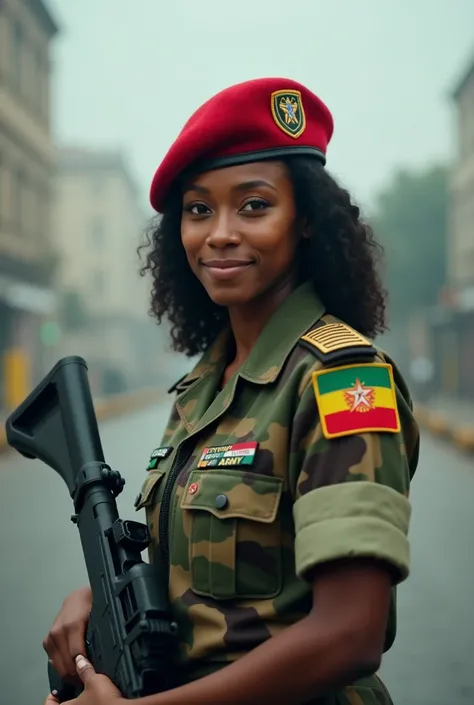 Cinematic black ethiopian Woman Awoman in military uniform is pictured from the mid-chest up. 


She is of dark complexion and appears to be a young adult. Her smile is visible, and she looks directly at the camera. She is wearing a camouflage-patterned un...