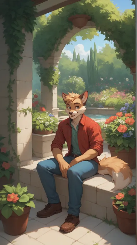 Source_furry, (((1boy))), furry, anthro, garden 