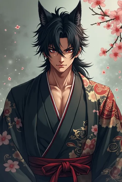 Anime hot handsome man and wolf ears with kimono suit