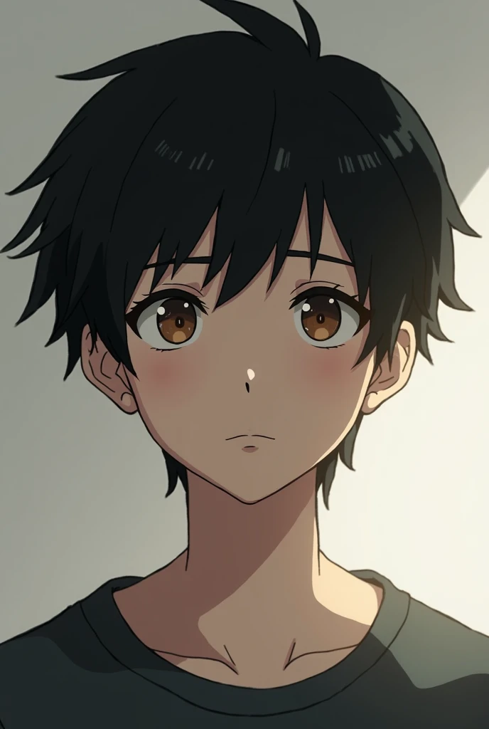 Anime boy has sad in eyes, brown eyes, semi thick eyebrows,short fringe black hair, 