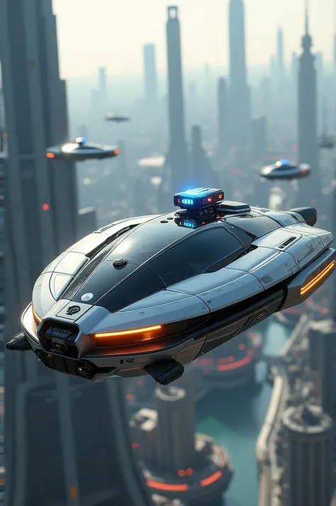 Vehicle floating in the air futuristic photo realistic photo full body police 