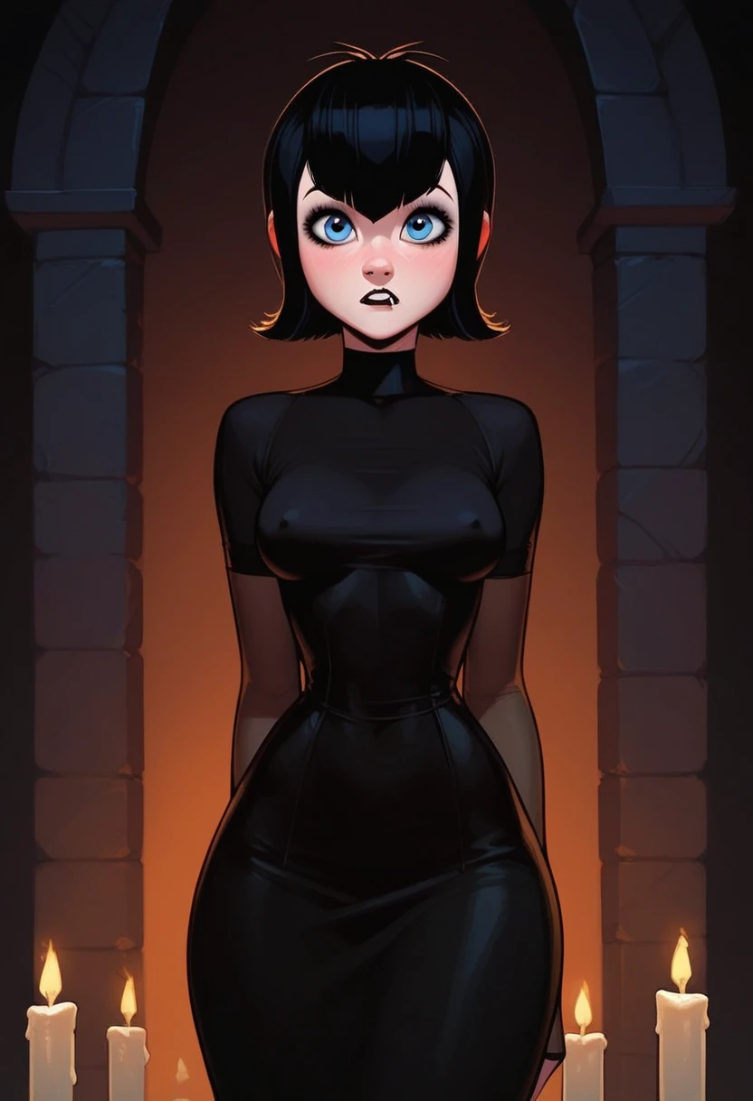 masterpiece,best quality, highly detailed, score_9, score_8_up, score_7_up, score_6_up, score_5_up, score_4_up, athletic, wide hips, Mavis from hotel transylvania, girl, goth, dark eyes, curvy body, medium breasts, nipple bulge, confused, sexy posing, in d...