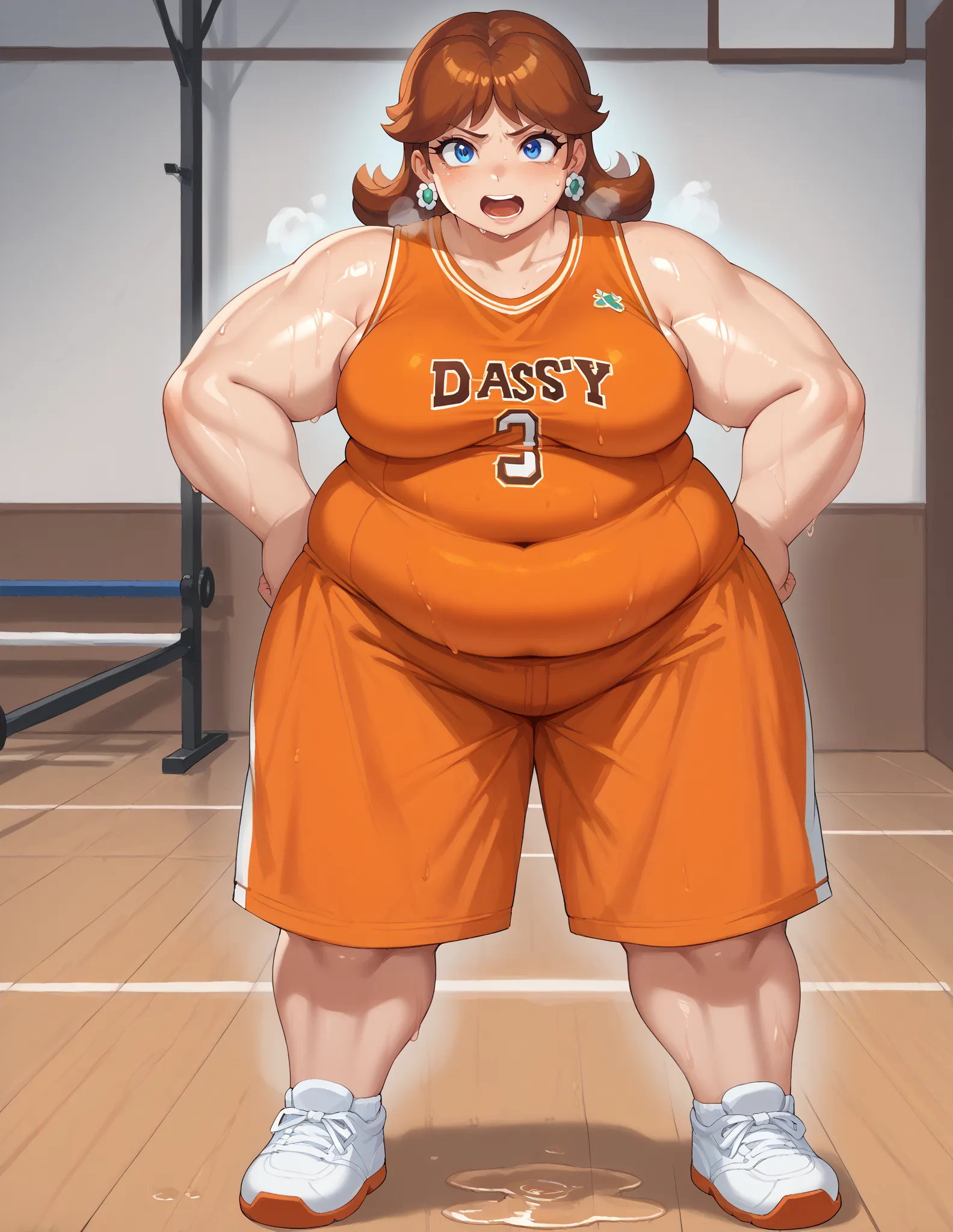 score_9, score_8_up, score_7_up, BREAK, 1girl, solo, princess daisy, 1girl, solo, brown hair, neck length hair, jewelry, makeup, casual, cowboy shot, blue eyes, looking at the viewer, large breasts, hand on hips, orange tanktop, sweaty, orange shorts, swea...