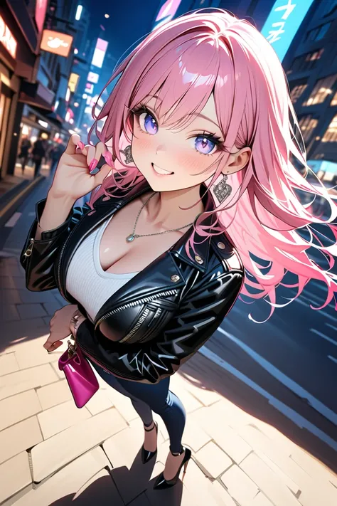 1 girl, masterpiece,  high resolution, accurate,  high detail,  top quality,
, break, 
charm necklace, long nails with a sparkly shine, metallic rings , earrings, smiling, standing , 
glitter effect,  background blur, Blurred,  long hair,  pink hair , stre...