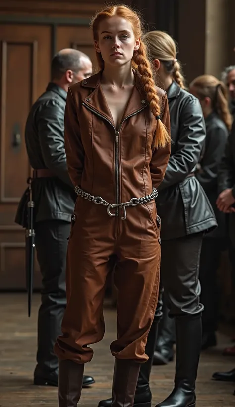 A French girl with braided ginger hair, firmly handcuffed  in medieval trial court. She's wearing a zipped brown leather jumpsuit, brown leather boots. She's arrested by a female dominatrix in leather . fullbody veiw