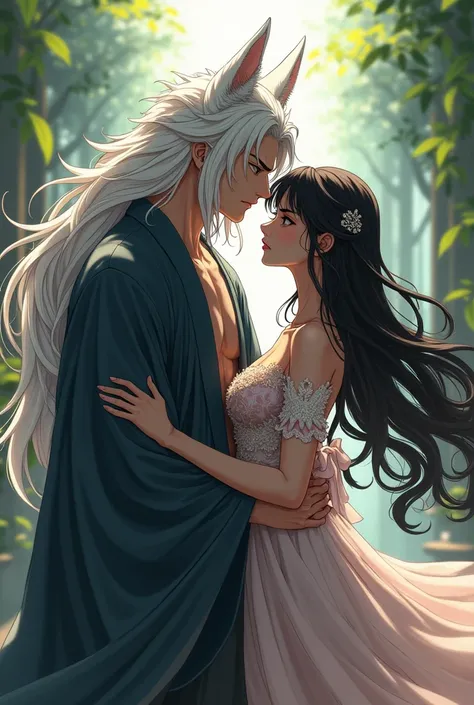 Anime hot Tall handsome man, white long hair and wolf ears with kimono. With short woman, black wavy hair, with beautiful dress