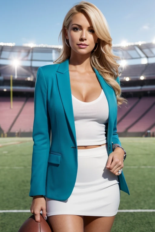 Generate a sexy blonde woman who is a sports commentator. The charismatic blonde woman should be 36 years old and approximately 5'2" tall. She has wavy blonde hair. She possesses a fit and slim figure. Her complexion is flawless, adorned with a warm, sun-k...