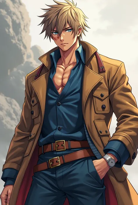 14-Year-Old Male Anime Model Wears Neck Length Hair, of tall stature with a formidable body and with a scar on his face, light brown leather with blue military uniform with gray and reddish details 