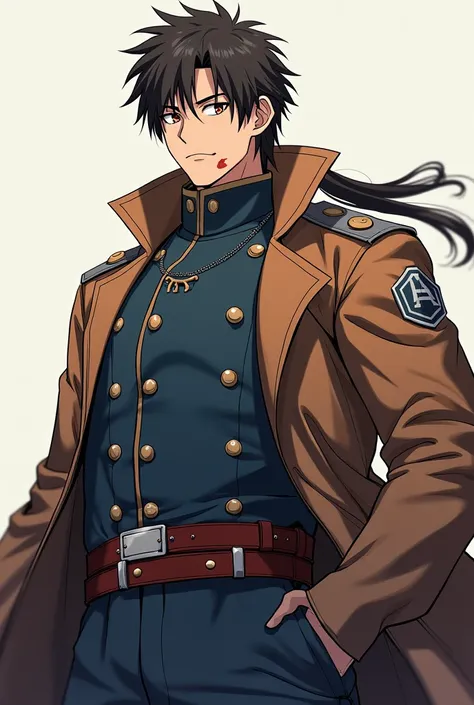 14-Year-Old Male Anime Model Wears Neck Length Hair, of tall stature with a formidable body and with a scar on his face, light brown leather with blue military uniform with gray and reddish details 