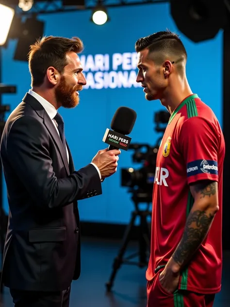 Lionel Messi is asking a question to Christiano Ronaldo using a television reporter's microphone, in the background a television studio with the words "HARI PERS NASIONAL" written on it