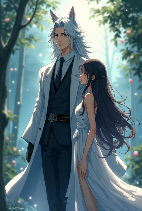 Anime hot, tall handsome man, white long hair, wolf ears with kimono suit with short woman with a long wavy hair and beautiful dress