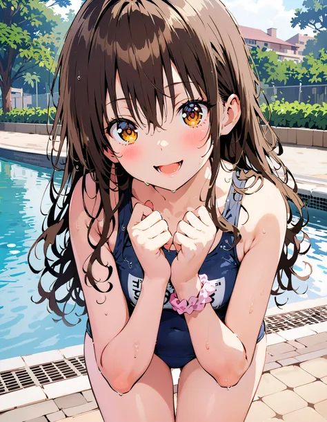 to follow, Yuki mandarin orange, Alone, brown eyes,  brown hair,  hair scrunchy,  long hair,  pink scrunchies, scrunchie , smile,blush, open your mouth, long hair,  tan, school swimsuit,Bare legs, wet swimsuit , wet skin, wet hair, small tits, standing,who...