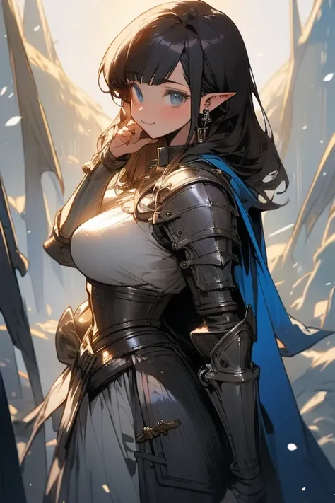 Female elf 186 centimeters tall, 27 years old,  body, fit, Beautiful face,  Tanned, In hand, a bow holder , Sparkling blue eyes, , long dark brown hair,  long hair to the middle of the back, Bangs,   put on a knight armor ,  with a gray hood.,  high resolu...