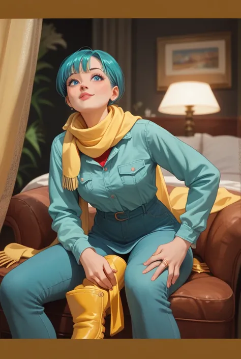 bulma, aqua blue hair, blue eyes, yellow scarf wrapped around neck,  red dress , yellow boots, trailers.