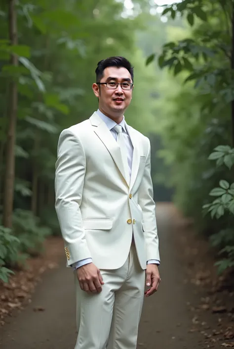 bridegroom，Boys have fair skin,  Very excited , 20 years old,  Very delicate and handsome facial features, Strong body，Bust raised looking at the camera ,Thin short hair ,  Wearing a white suit , In the rainforest,  Perfect Legs , Very fine and handsome fa...