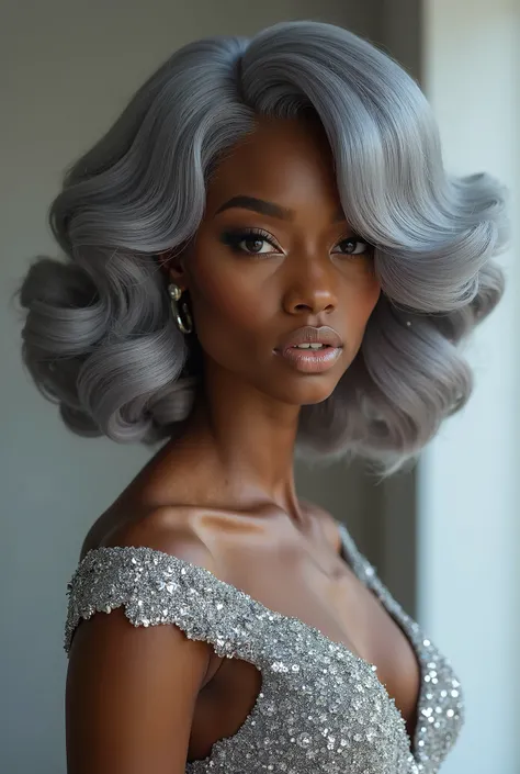 Grey 30 inch layered wig On a black girl wearing a silver gown